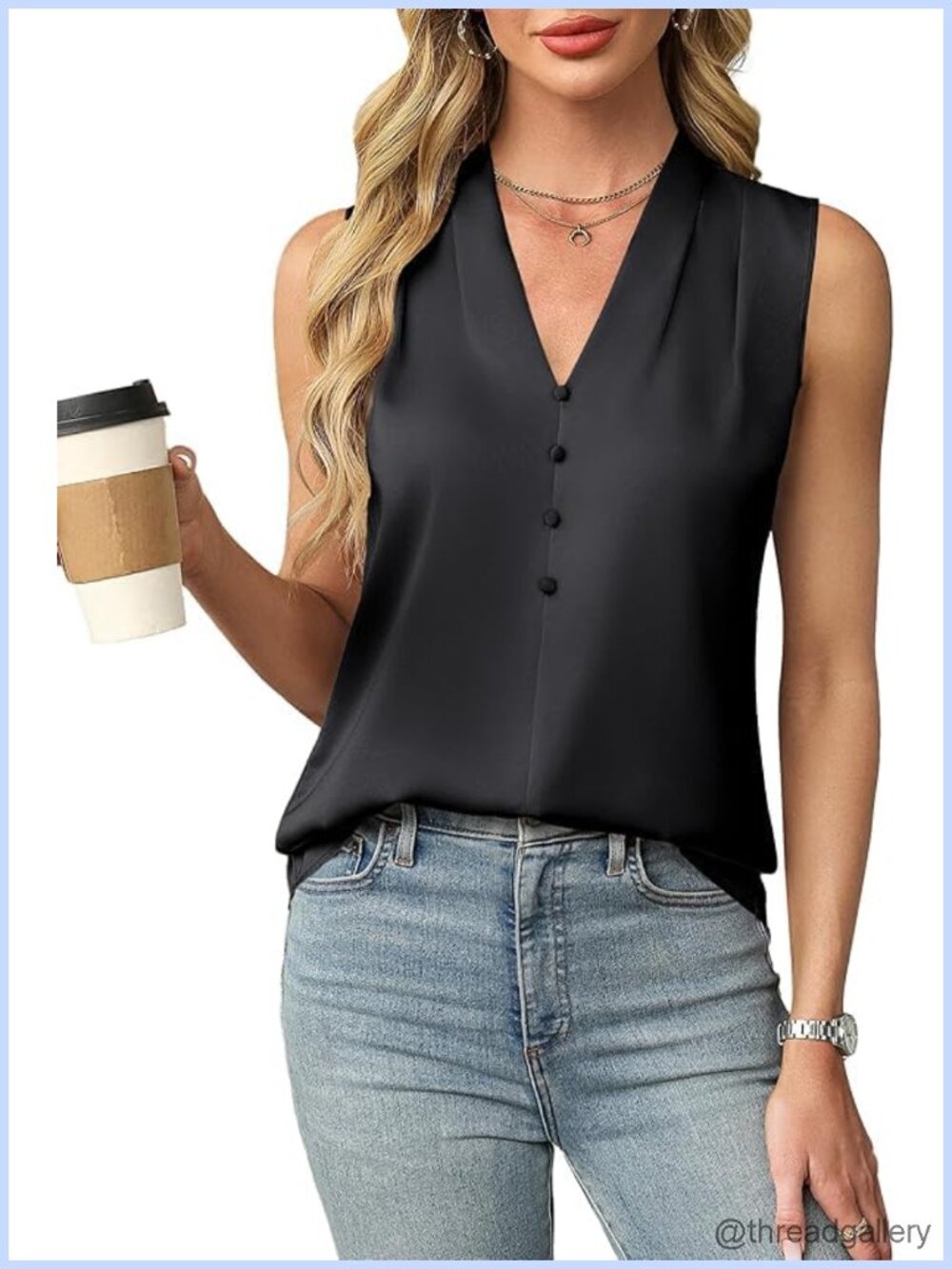 Women's Silk Satin V Neck Button Front Tank Top Dressy Casual Blouse